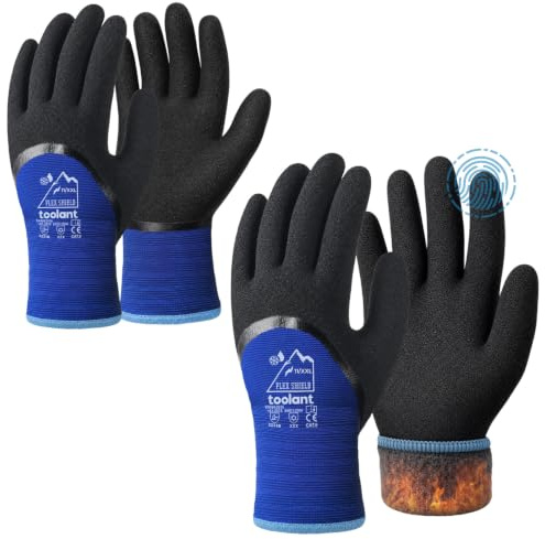 toolant 3/4-Coated Winter Work Gloves for Men & Women, 2 Pairs, Blue, 2XL | Waterproof Freezer Gloves, Dual-Layer Latex Coating, Thermal Insulated, Grip, Touchscreen, for Snow Removal, Winter Work.