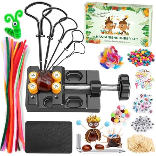 TUT Kastanienbohrer Kinder Set mit Kastanienhalter, Kastanien Bastelset Kastanienbohrer Set, Herbst Handbohrer Kastanienbohrer Kastanienmännchen DIY Set mit 1.5-5mm Bohrer Kastanien und Bastelzubehör