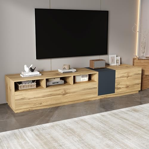 Gxffipw Modern TV Schrank Länge 200 cm für Fernseher bis zu 85 Zoll, Lowboard mit Offenen Fächern und Kabelöffnungen, Fernsehschrank mit 3 Türen, Wohnzimmer Möbel TV Board, Holzfarbe+Schwarz