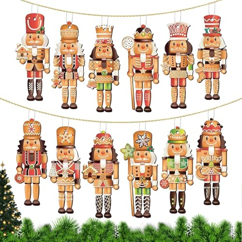Hjatirace Decoraciones de árbol de cascanueces de Navidad, 12 adornos de madera de soldado cascanueces de Navidad, colgantes de marioneta para decoración de árbol