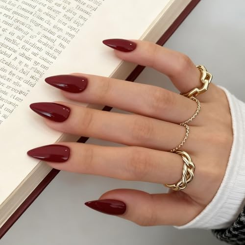 Xanthelle Press On Nails, 30 Stück Kurz Burgundy Almond Fake Nails Set, Wiederverwendbare Press On Nails für Damen, Soft Gel Kunstnägel, Nagelset für Fingernägel