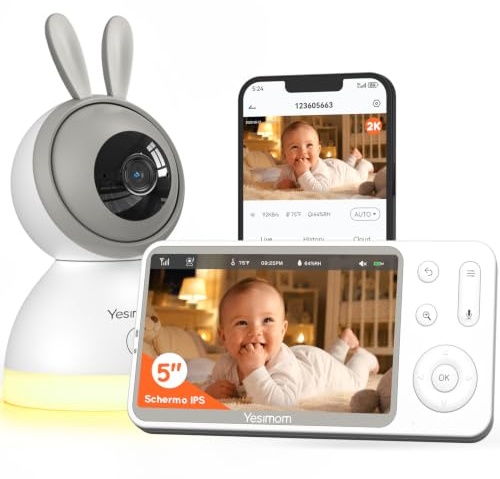 YESIMOM Camara Vigilancia Bebe 2K 3MP con Pantalla de 5”, PTZ 360°