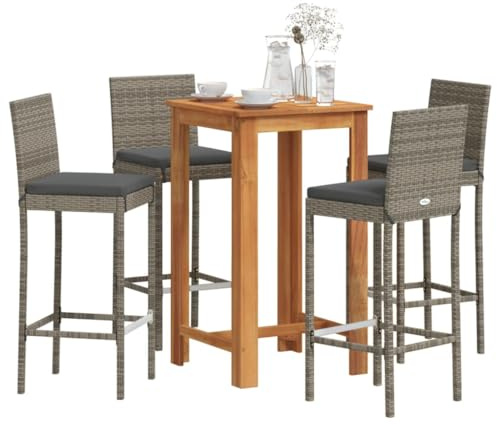 Teenpull 5-TLG. Gartenbar-Set Grau, Massivholz Akazie & wetterfestes Poly Rattan, 60x60x105cm Tisch für Balkon, Terrasse, Outdoor Dining