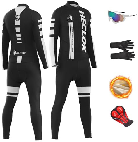 HECLOK Winter Cycling Kit for Men - Thermal 2-in-1 Set with Long Sleeve Jersey & 9D Gel Padded Bib Shorts for Road & MTB，Set, Gloves & Glasses (TYP-1,L)