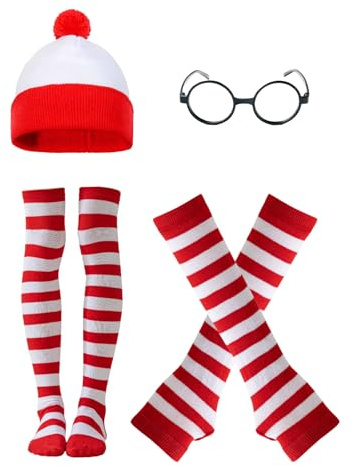 MUNSKT Wheres Wally Kostüm-Set, Kostüm, Hut, Brille, Socken, Handschuhe in Rot und Weiß für Damen, frischeres Kostüm für den Welttag des Buches