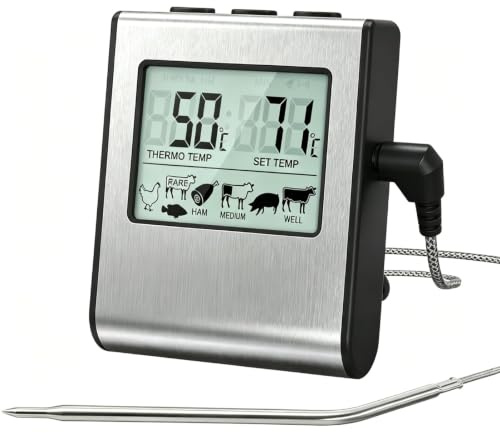 VOBOR Thermomètre Cuisine Numérique avec Minuteur et Sonde, Large Écran LCD, Sonde Temperature Cuisine en Acier Inoxydable pour Fumoir Four Cuisine Friandises Barbecue Gril
