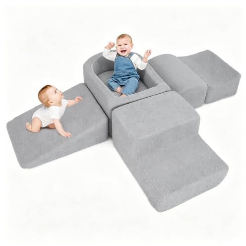 COSTWAY 5 TLG. Schaumstoffbausteine, Riesenbausteine mit Bällebad, Großbausteine zum Toben und Klettern, Kletterblöcke Softbausteine XXL für Zuhause, Spielzimmer (Grau,Sherpa-Stoff)