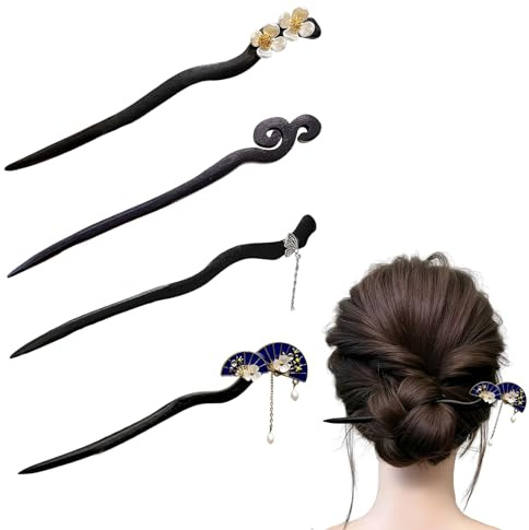 MNYXIS 4 Pcs Bastoncini per Capelli Cinesi, Retrò Vintage Bacchette per Capelli Sandalo Nero Forcine per Capelli Cinesi Asiatiche Forcina Tradizionale Hanfu Accessori per Capelli Lunghi da Donna