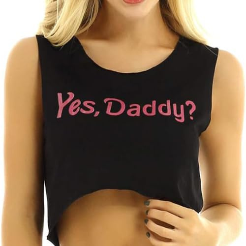 KFLY Womens Short Sleeve Graphic Sexy Crop Tops Yes Daddy T Shirt | Scoop Neck Tees Cotton Mini Vest Tank Cosplay Costume