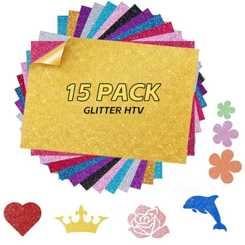 Glitzer Plotterfolie Textil 30.5 x 24.9 cm, 15 Stück Bügelvinyl, Einfach zu Schneiden & Übertragen, Glitzer Bügelvinyl für Textilien für DIY T-Shirts Bekleidung Taschen