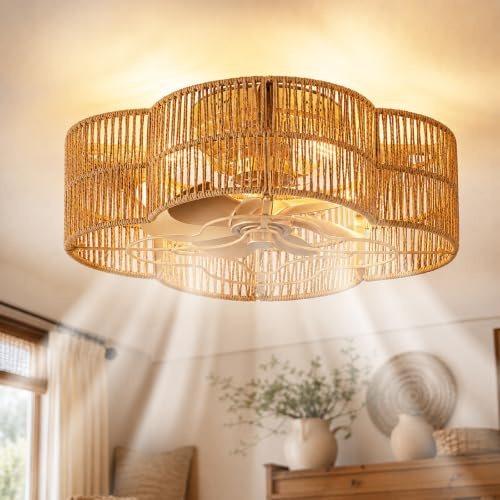 JUJUQI Deckenventilator mit Beleuchtung und Fernbedienung, Moderne Rattan | Ventilatorlampe E27, Minimalistische Boho Deckenlampe, Leise 6-Stufen Lüfter, Für Schlafzimmer, Esszimmer, Ø47 cm