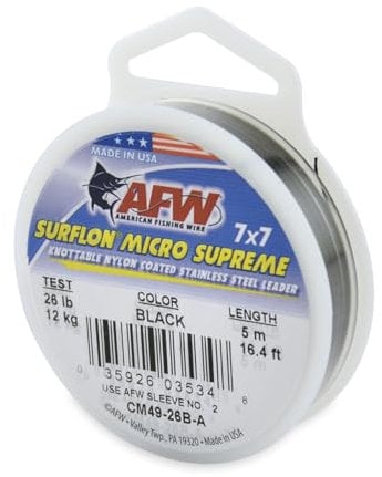 American Fishing Wire Surflon Micro Supreme Nylon Coated 7x7 Stainless Steel Leader Wire, Black Color, 26 Pound Test, 5-Meter