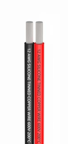TUOFENG 12 AWG Silicona Alambres Eléctricos 10 metros [Negro 5 m Rojo 5 m] 2 Conductor Cable paralelo Línea Suave y flexible 3,3 mm² Alambre de cobre estañado