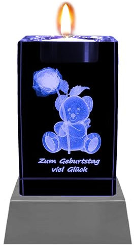 Kaltner Präsente Stimmungslicht Geburtstagdeko: LED Kerze / 3D Kristall Glasblock, Teelichthalter, Deko Geburtstag, Geburtstagstisch, Tischdeko, Geburtstagsparty