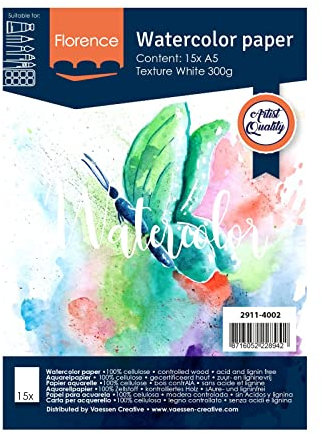 Vaessen Creative Florence Carta per Acquerello A5, Bianco, 300 g/mq, qualità Belle Arti, Grana Grossa, 15 Fogli per Pittura, Handlettering, Progetti Artistici e Altro Ancora, Tela, Blanco, unità