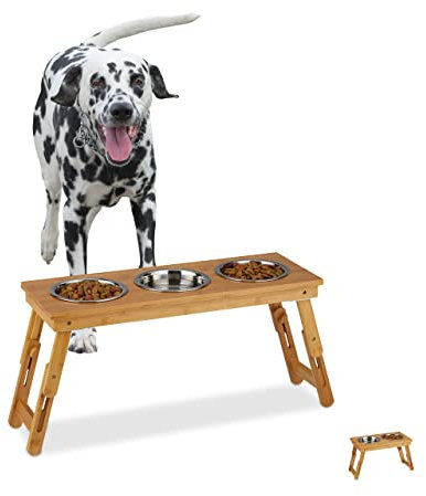 Relaxdays Comedero Bebedero Perros, Soporte Elevado Plegable, Bambú-Acero Inoxidable, 1 Ud., 31x70x23 cm, Marrón