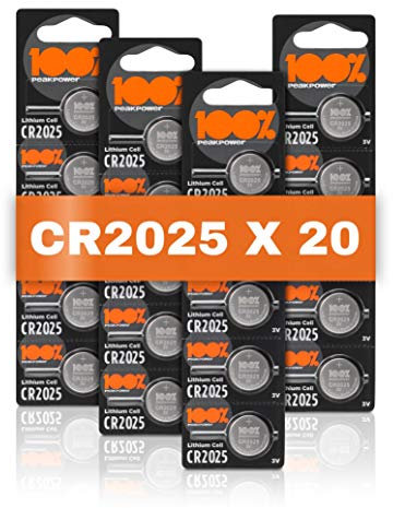100% PeakPower CR2025 Battery – 20 PCS 3V Lithium Battery for Car Keys - CR2025 Coin Cell Batteries for Keyfob’s, Head Torches, Remotes, Scales, Led lights, Dog collars - 10 Year Shelf Life