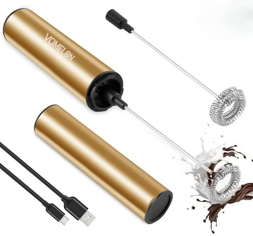 Rechargeable Electric Milk Frother Handheld,2-Speed Travel Frother with Tube Case, Milk Foamer Coffee Frother for Latte, Cappuccino, Drink Mixer with 2 Stainless Whisks and Charger Golden