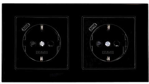 Jung SCHUKO USB-Steckdose Typ C (max. 3A) Komplett-Set Serie A: 2x Steckdose A152018CSW und 2-fach Rahmen A5582BFSW Schwarz