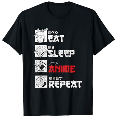 Eat Sleep Anime Repeat Black Anime T-Shirt - Unisex-Adults, Small, Short Sleeve