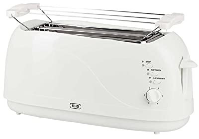 KHG Toaster TO-1300VSW | Toaster Langschlitz 4 Scheiben mit Brötchenaufsatz | 6 Bräunungsstufen mit Bräunungskontrolle, Krümelfach | 1300 Watt Leistung | Außengehäuse - Weiß, Klassisch, Retro