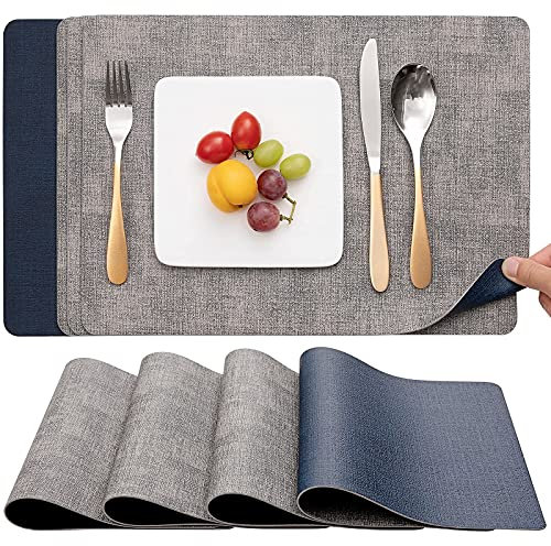 Myir JUN Tischsets Abwaschbar und Untersetzer 4er Set, Platzsets Abwaschbar Doppelseitig Bedruckt Kunstleder Schmutzabweisend & rutschfest, Platzdeckchen Abwischbar Lederoptik für Küche & Esszimmer
