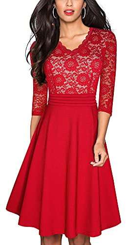 HOMEYEE Damen Vintage 3/4 Ärmel Floral Spitze Gestickte Cocktail Ausgestelltes Kleid A062 (L, Rot)