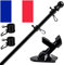 HORSE SECRET Kit de Mât en Aluminium Noir 180 cm, avec Support en Acier Inoxydable à Fixer au Mur, Anneaux Rotatifs et Drapeau France