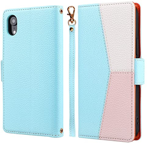 ZCDAYE Phone Case for iPhone X/iPhone XS Wallet Case with Card Slots Wrist Strap, Folio Flip Leather Cover for iPhone X/XS - Splicing Blue