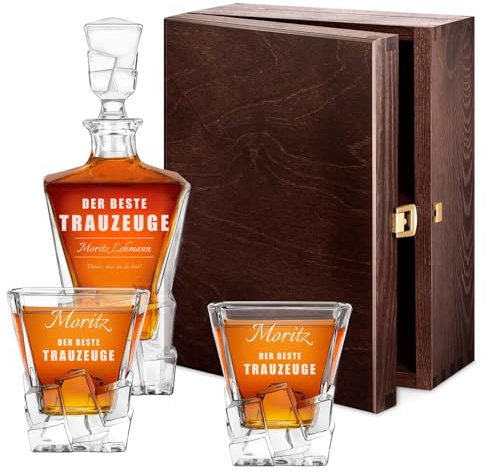 Maverton Ice Blink Whiskey Karaffe + 2er Whiskygläser Set mit Gravur | Whisky Dekanter, luxuriöses Design, Kristallglas, für Männer zum Geburtstag, Trauzeuge