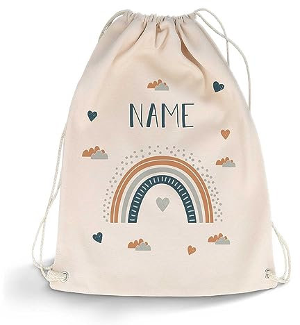 GRAVURZEILE Bedruckter Turnbeutel - Regenbogen Design - personalisiert mit Name - Sportbeutel Rucksack Daypack Gymbag mit Kordelzug - für Sport & Freizeitaktivitäten - 12 Liter 33x45 cm Farbe Blau