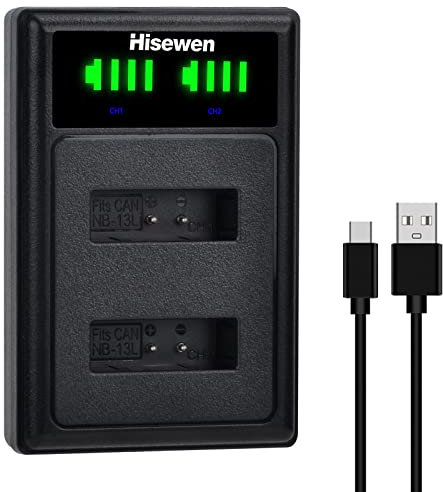 NB13L NB-13L Hisewen Chargeur de Batterie Double LED pour Canon PowerShot G7X Mark II, G1X Mark III, G5X, G9X, SX620, SX720, SX730, SX740 HS - Noir