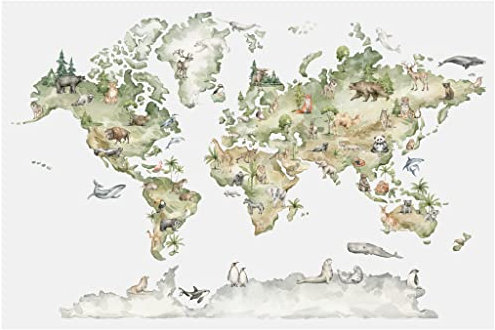 LANA KK Poster - Weltkarte Tierwelt – für Kinder, Globus, Erde, Tiere, liebevoll gezeichnet, 80 x 60 cm
