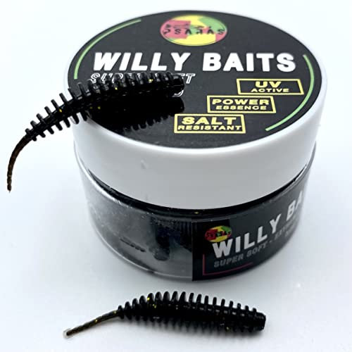Psarás Forellen Aroma Softbaits Set Box - 38 mm - Trout Fishing Baits - Willy Baits (schwarz-goldglitter)