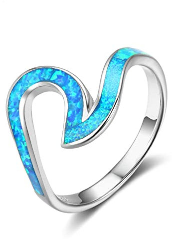 Bishilin Silber Ringe 925 Frauen, Damen Ring mit Blau Opal Eheringe Trauringe Nickelfrei mit Wunschgravur Gr.54 (17.2)