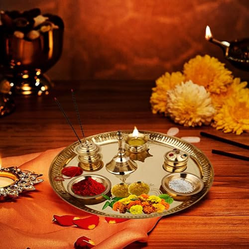Hashcart® Messing Puja Thali Set (8,75 Zoll, Medium) - Puja Thali Aarti Thali für Zuhause Mandir, Tempel | Diwali Dekoration, Diwali Thali