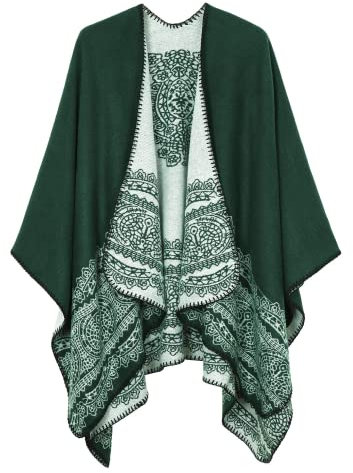 EXCHIC Damen Warm Offene Front Strick Schals und Wraps Floral Elegante Cardigans Poncho Cape Coat Mantel (Grün-91)
