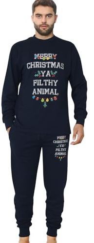 A2Z Mens Ladies Christmas Pyjama Set 2 Piece Soft Cotton PJs Long Sleeve Top & Bottoms Navy Merry Christmas Ya Filthy Animal Print Unisex Family Matching Loungewear S-2XL
