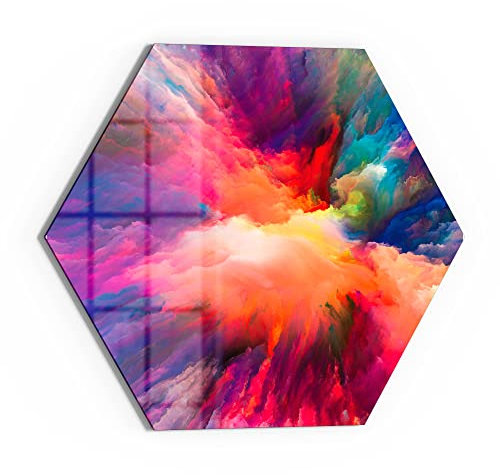 DEQORI Glasbild Echtglas | Motiv Bunte Farbwolke | sechseckig einteilig 55x47,6 cm | schöne Dekoration | Wandbild für Wohnzimmer, Schlafzimmer, Flur & Küche | moderne Wanddeko