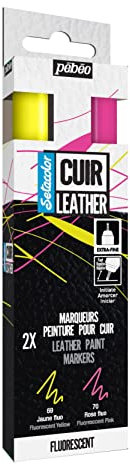 PEBEO - Setacolor Cuero - Marcador Acrílico para Cuero y Polipiel - Personalización Bolsa, Zapato, Zapatilla - Resistencia a los arañazos, pliegues, roces - Punta extrafina - Amarillo y Rosa Fluo