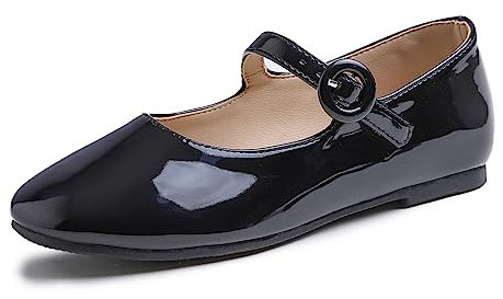 Feversole Girls Cute Dress, Mädchen süßes Kleid Mary Jane Schuhe weiche Party Urlaub Ballerinas Runde Spitze Stretchy,Synthetik Patent Schnalle Schwarz Größe 31 EU