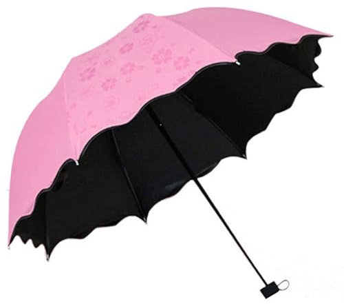 ThreeH Paraguas de agua floreciente Anti-UV Paraguas compacto a prueba de viento tres plegable lluvia viaje señoras encantador sol Parasoles,Rosa