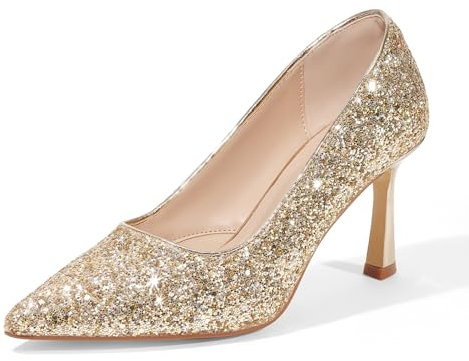GENSHUO Elegante High Heels Damenpumps mit 10 cm Absatz, stilvoll für Büro und Hochzeitskleider, Gold Glitzer, 38.5 EU