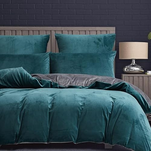 Luowei Warme Wende Bettwäsche 200x220cm Petrol Blau Grau Fleece Plüsch Flauschig Winterbettwäsche Fleece Warme Bettwäscheset Bettbezug 200x220cm + 2 Kissenbezüge 80x80cm mit Reißverschluss