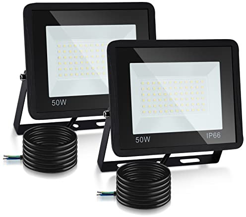 Lospitch 2x50W LED Strahler Außen, 4250LM LED Fluter 6000K Kaltweiß Superhell Außenstrahler, IP66 Wasserdicht Sicherheitslampe LED Scheinwerfer für Garten Innenhöfe (kein Stecker)