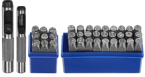 sourcing map Metallstanzer-Set, 10 mm (A-Z, 0-8, &-Symbol), Stahlbuchstaben-Pressewerkzeug mit Locher zum Stempeln auf Metall, Kunststoff, Holz, Leder, Silber, 36-teilig