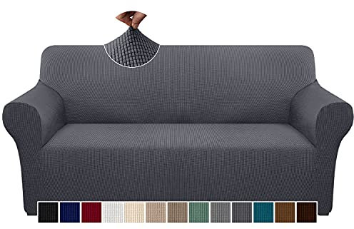 Granbest Überprüft Couchbezug für 3 Kissen Couch Hohe Dehnung Sofabezug 3-Sitzer Waschbare Sofaschutz für Hunde Haustiere Rutschfester Möbelschutz (3-Sitzer, Grau)