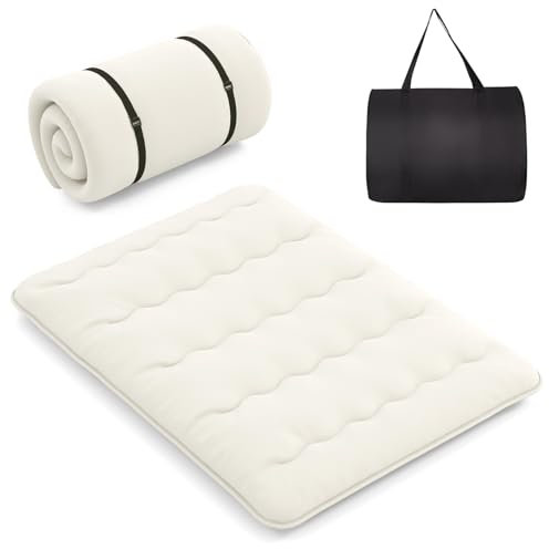 LIFEZEAL Matelas Futon de Sol Japonais 140x200 cm, Matelas de Lit 2 Places, Futon Tatami Pliable et Portable avec Sac, Déhoussable et Lavable en Machine, Intéruer et Extérieur, Beige