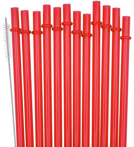 SUNDEE Reusable Plastic Straws Fit for Mason Jars, Tumblers, Long Rainbow Colored Unbreakable Drinking Straws, BPA Free and Eco Friendly, Set of 12 Pcs Straws with Cleaning Brush - Red