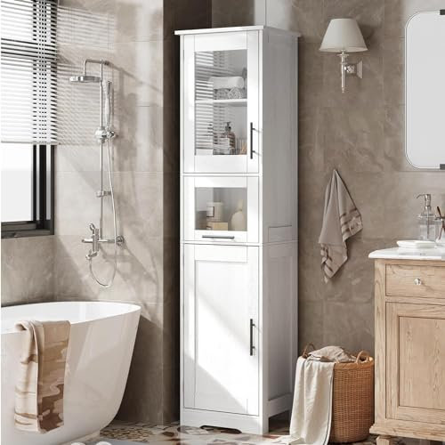 HAUSPROFI 170cm Badezimmerschrank - Badschrank Hochschrank mit Türen und verstellbarem Einlegeboden, Badschrank Schmal Weiß mit 5 Fächer Badezimmerschränke für Badezimmer Wohnzimmer Küche Esszimmer